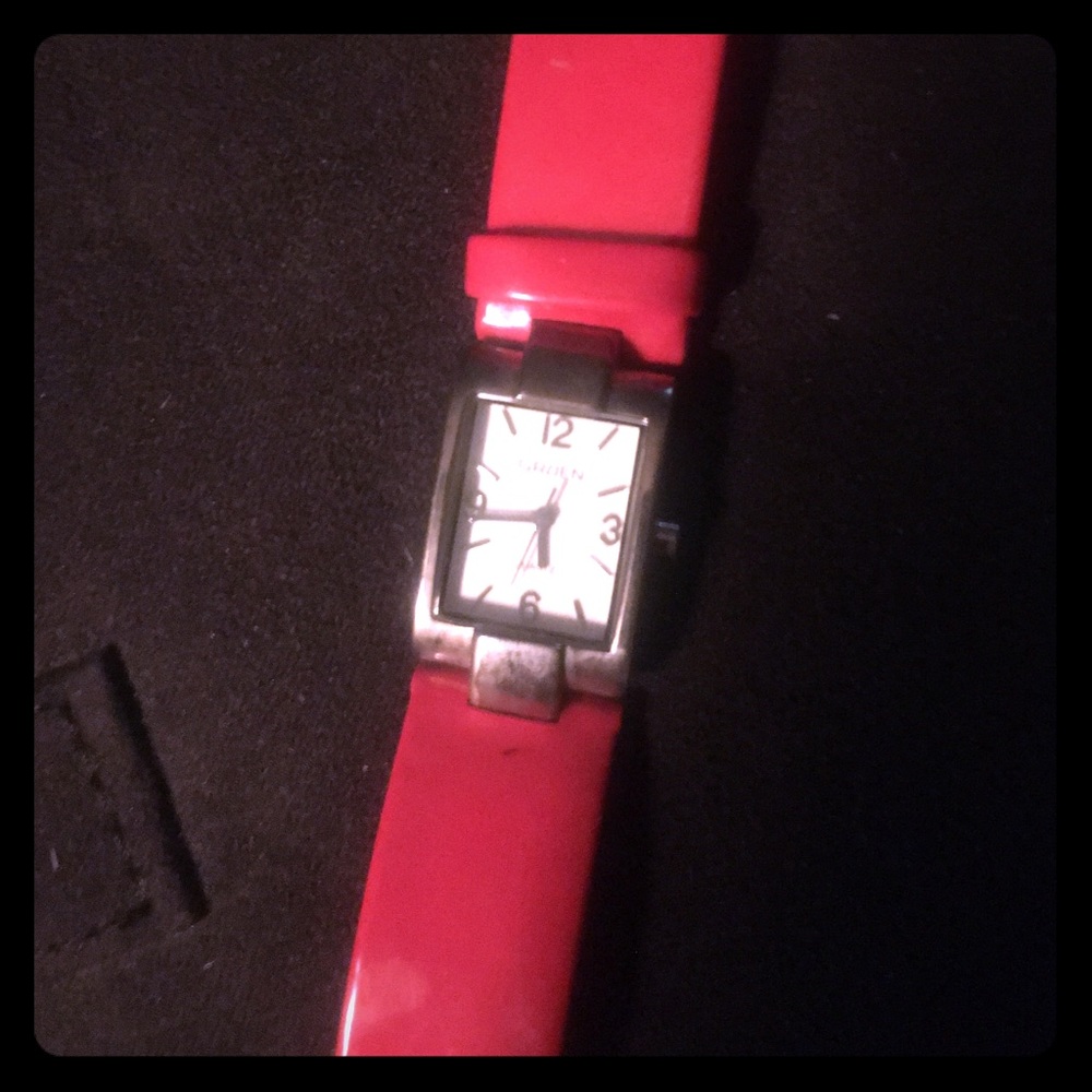 Gruen Quartz watch, rectangle vertical face red bd